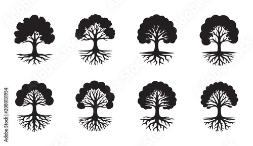 Cuadro en lienzo Symmetrical tree of life icons with deep roots for heritage and genealogy logo collection
