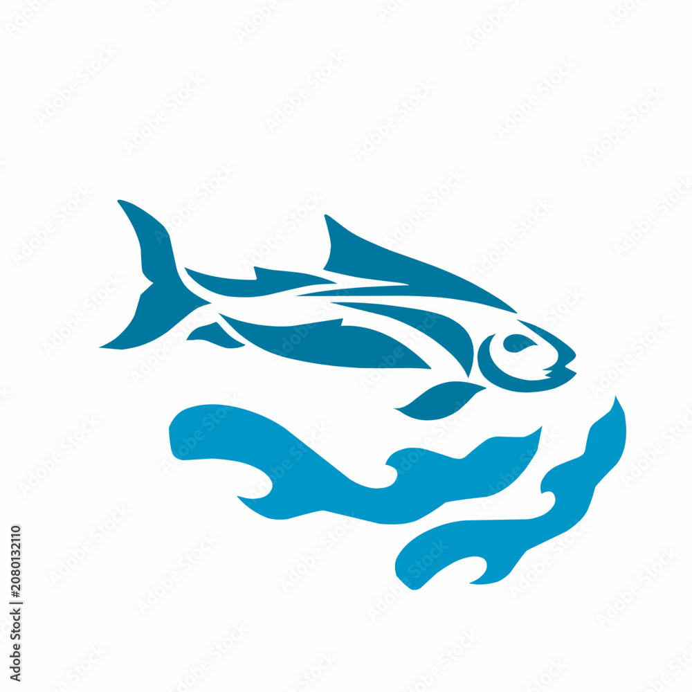 Naklejka premium Stylized Blue Fish Swimming Above Waves Clipart Logo