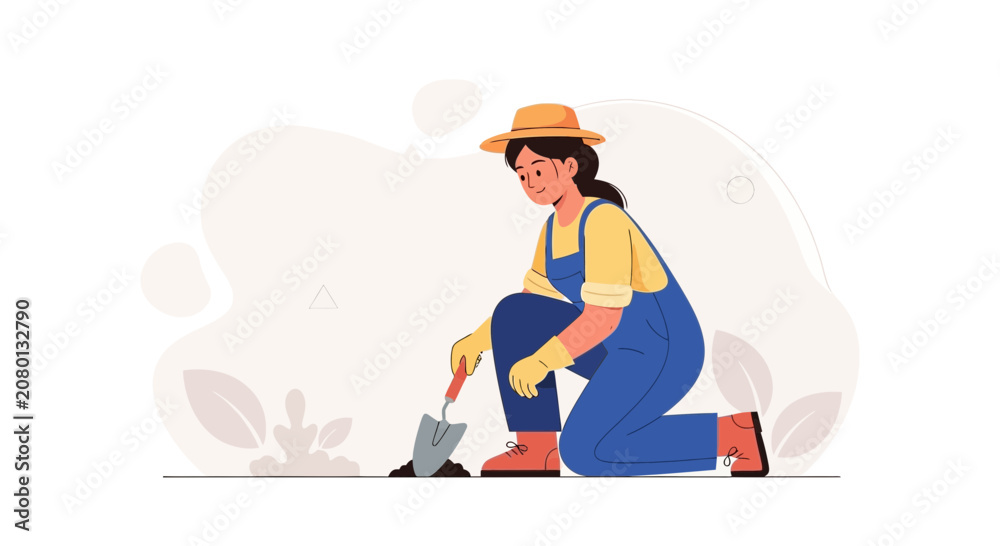 Fototapeta premium Woman Gardening, Planting Flowers or Vegetables with Shovel, Wearing Overalls and Hat, Flat Vector Illustration