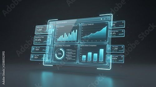 Futuristic digital dashboard interface displaying financial data charts and analytics metrics.