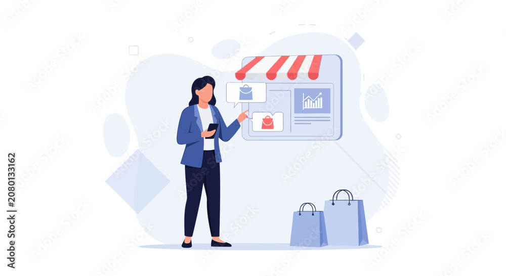 Naklejka premium Woman Interacting with Online Store Interface, Digital Shopping and E-commerce Concept
