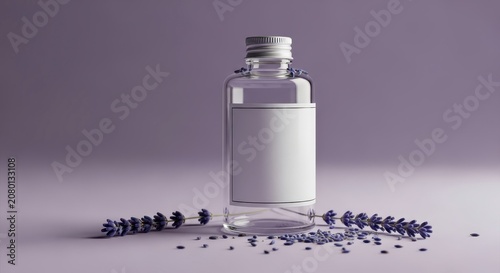 Glass bottle with blue pills scattered.