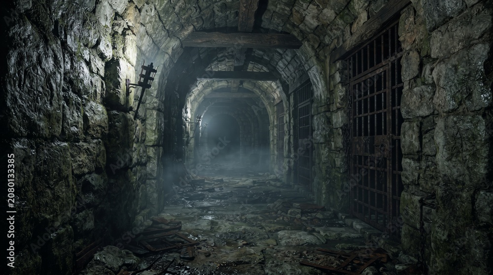 Naklejka premium Ancient abandoned stone tunnel featuring dramatic lighting and immersive fantasy dungeon atmosphere.