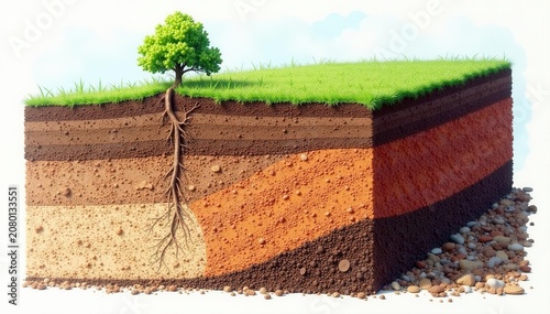 Cross-section illustration of layered soil profile  From topsoil to bedrock, showing various geological strata , bedrock, soil profile, gravel