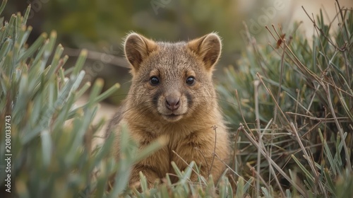 Quokka on Rottnest Island smiling toward the lens, soft brown fur, pink nose, surrounded by coastal scrub. Generative AI