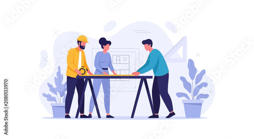 Architects and Engineers Collaborating on Blueprints, Vector Illustration