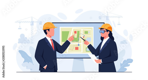 Architects discussing building plans on a blueprint map with construction cranes in the background.