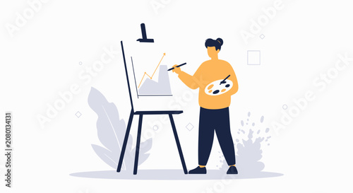 Artist paints financial graph on easel, illustrating financial growth and creative business strategy