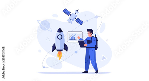 Astronaut Analyzing Space Mission Data with Rocket and Satellite