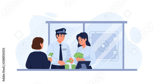 Bank Teller and Security Guard Assisting Customer with Cash Transaction Beside Vault in Modern Flat Illustration Style