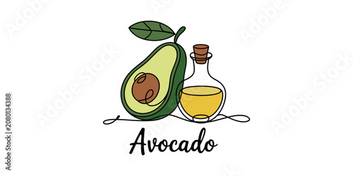 continuous line drawing Fresh avocado fruit with a small glass bottle of healthy organic oil
