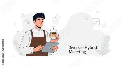 Barista with Tablet and Coffee, Illustrating Hybrid Meetings and Diverse Workplaces