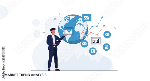 Business Analyst Reviewing Global Market Trends and Data Analytics with Futuristic Icons