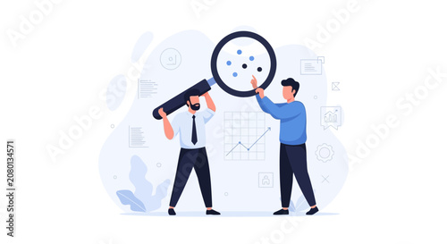 Business Analytics and Research: Two men examine data points under a magnifying glass, symbolizing data analysis and strategic planning.