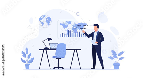 Business Analyst Presents Global Supply Chain and Trade Data Analysis in Modern Office