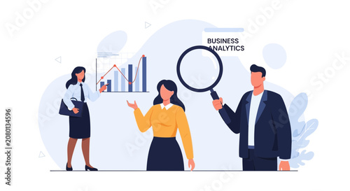 Business Analytics Team Analyzing Financial Data with Magnifying Glass and Charts