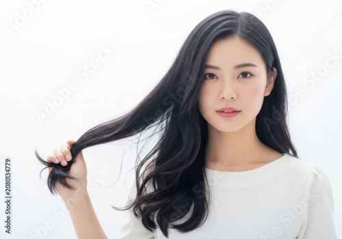 Woman with long hair holding pink flowers in a bouquet