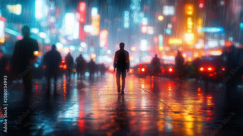 Fototapeta premium solitary figure walking down a rain-slick city street at night amid blurred pedestrians, neon signs and colorful reflections, moody and contemplative urban atmosphere