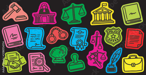 Obraz na plátne A collection of colorful legal and justice system icons including gavels, courthouses, scales, law books, handcuffs, and official documents