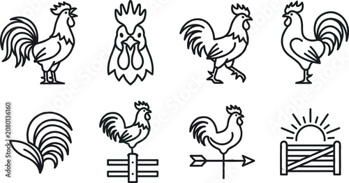 Принти на полотні Rooster and Chicken Line Icon Set with Farm Poultry Outline Collection for Agric
