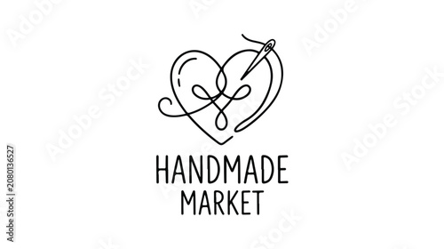 Handmade market logo design with a needle and thread forming a heart shape.