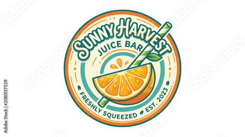Sunny Harvest Juice Bar logo emblem with orange slice and straw.