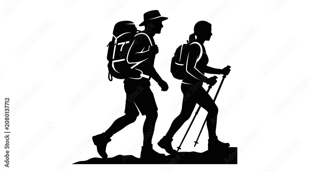 Obraz premium Silhouettes of two hikers with backpacks and trekking poles walking.