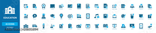 Education Solid Icon Set featuring alarm book, approved assignment, award badge, blackboard, graduation cap, science lab, student checklist, school building, video lesson and library shelf
