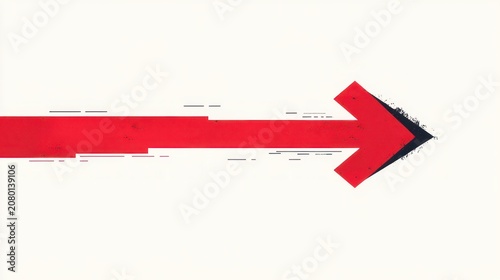 textured distressed red arrow with glitch lines pointing right on a pale background, evoking motion and urgency
