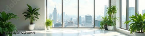 Bright, airy minimalist space; abundant natural light, city skyline visible through large windows, lush indoor plants , Modern, urban, cityscape