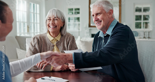 Fotografía Paperwork, nurse or handshake with old couple in home for homecare agreement, contract or consent