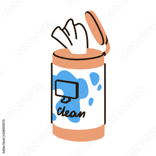 Wet wipes dispenser for monitor and computer screen cleaning. Open container ...