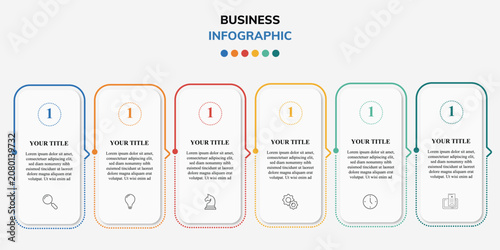 Business infographic template with six colorful sections and icons presentation design layout information visual chart