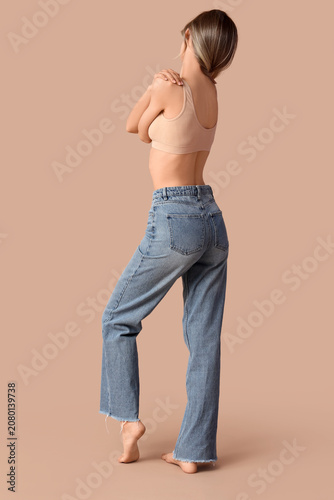 Young woman in stylish blue...
