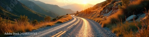 High altitude shot, winding gravel road, car tire impressions, car tracks, background, dust