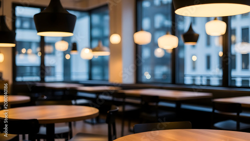 Modern cafe interior with city view at night