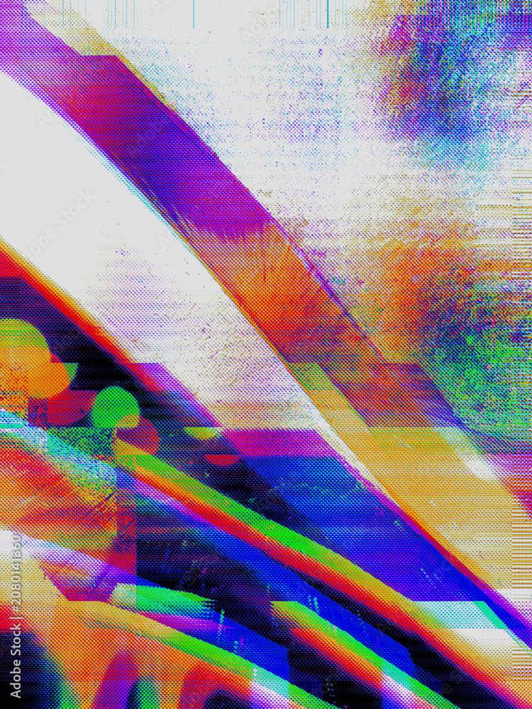 Fototapeta premium Abstract neon rainbow glitch halftone with datamosh dot pattern and a diagonal white light streak on light background. Anchors a cyberpunk branding campaign with raw Y2K energy.