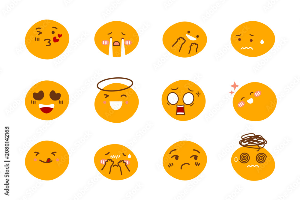 Fototapeta premium Cute Yellow Emoji Faces and Hand Drawn Emoticon Vector Set