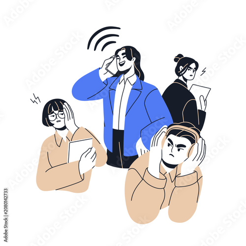 Noisy annoying behavior in office. Loud woman speaking on phone, disturbing a...