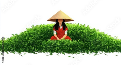 Faceless woman in red outfit sitting cross-legged atop a mound of lush green leaves, wearing a conical straw hat with long black hair, calm and contemplative on a minimalist white background