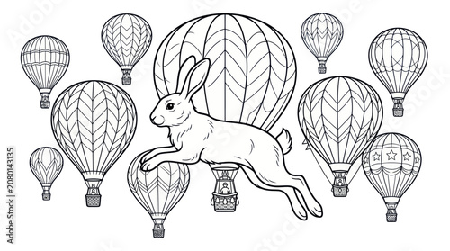 Rabbit Jumping Over Hot Air Balloons Line Art