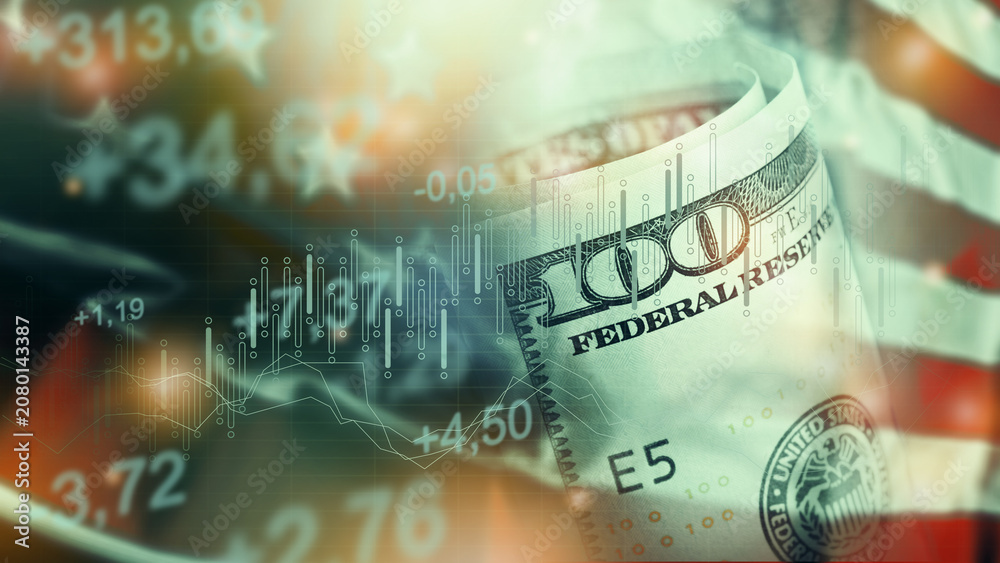 Fototapeta premium Chart shows money trends during a recession with cash and financial data in background