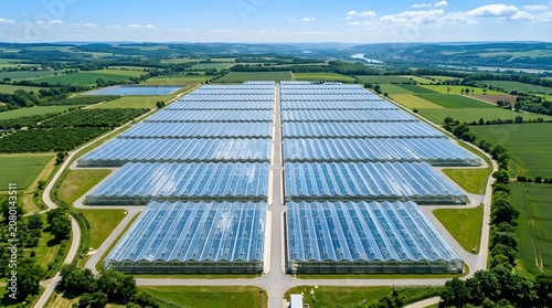 Aerial View of Extensive Glass Greenhouse Complex in Rural Landscape