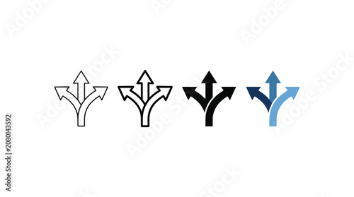 Foto Four diverging arrow icons in outline, black, and blue styles symbolizing direct