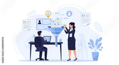 Businesspeople Analyzing Candidates and Filtering Resumes Through Funnel for Recruitment