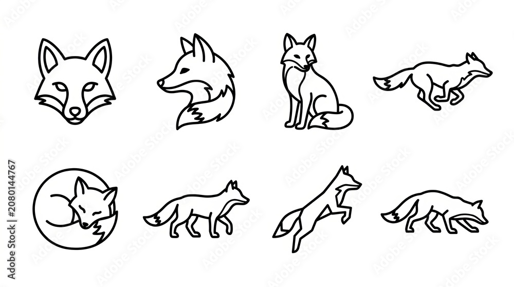 Fototapeta premium Collection of hand-drawn fox illustrations in various playful poses and styles.