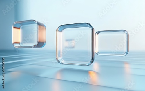 Three floating transparent rounded glass squares above a reflective blue surface with warm orange highlights, serene minimalist futuristic composition