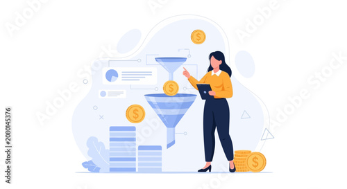 Businesswoman optimizing sales funnel with coins and charts, concept of lead generation, conversion, and profit.