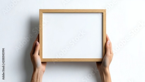 two hands holding a small wooden picture frame with a blank white insert against a white wall, calm minimalist presentation