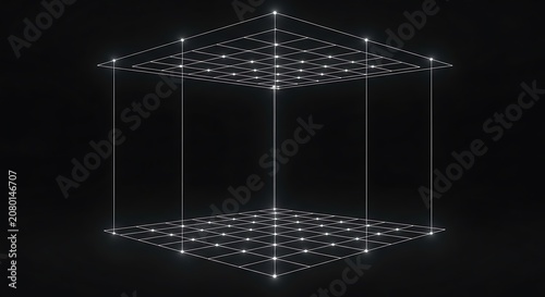Glowing wireframe cube, neon grid structure, futuristic 3D model, geometric shape